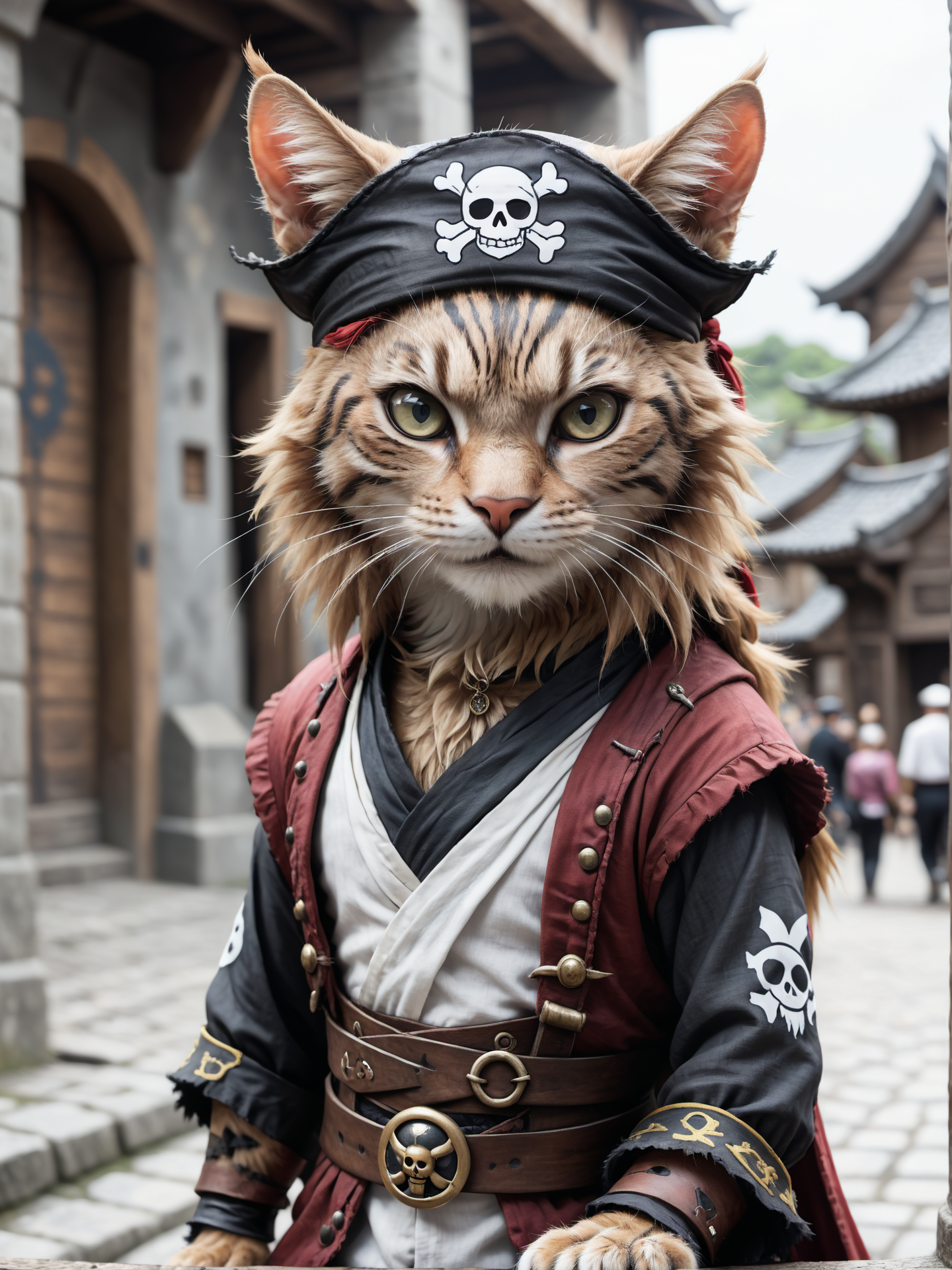a cute anime cat that wearing a pirate outfit like in the one piece manga, detailed, realistic, 8k uhd, high quality