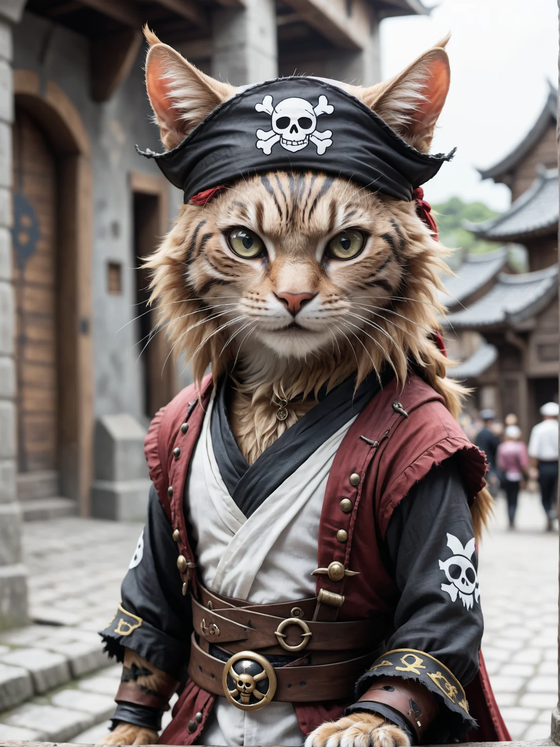 a cute anime cat that wearing a pirate outfit like in the one piece manga, detailed, realistic, 8k uhd, high quality