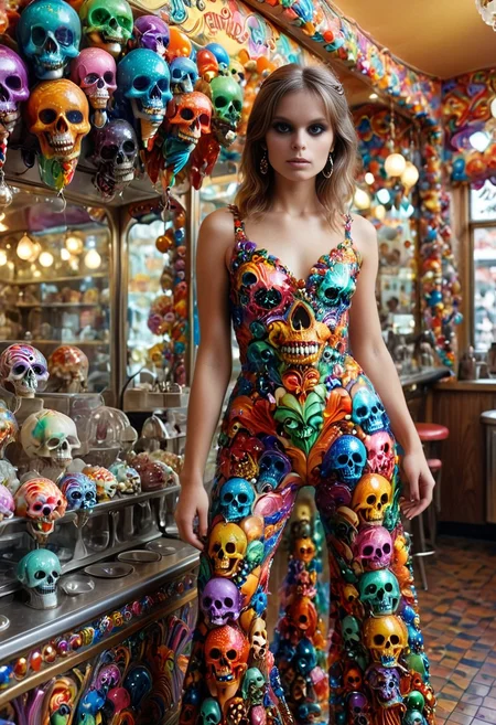 <lora:20th_Century_fashions_-_1970s_Psychedelic_style:0.3> 1girl wearing 1970s psychedelic fashion <lora:Colorful_Murano_Art_Glass_style_-_SDXL:0.5> an old-fashioned ice-cream parlor, multicolored murano art style <lora:Colorful_Skulls_-_World_Morph:0.8> multi-colored glass bell-bottoms made of skulls,