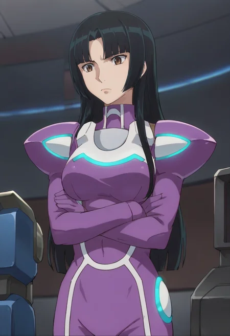 score_9,score_8_up,score_7_up,anime coloring,source_anime,anime,<lora:Wang_Liu_Mei_Gundam_00:0.7>,wang_liu_mei,1girl,solo,long hair,black hair,parted bangs,pilot suit,serious,crossed arms,indoors,spacecraft,
