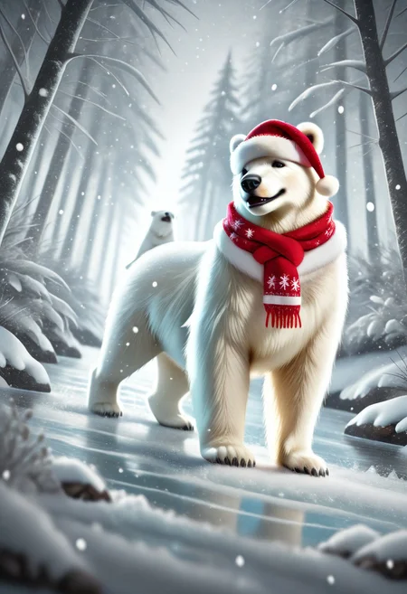 realistic shading, dark environment, dim lighting, expressive face, animal focus, animal christmas, polar bear, full body, standing, scarf, red headwear, fur-trimmed clothing, blurry outdoors forest, christmas, snowing, winter, water, dutch angle, dynamic angle, depth of field, atmospheric perspective, intricately detailed illustration, masterpiece, best quality, amazing quality, very aesthetic, absurdres, newest