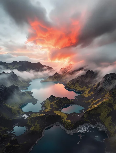 neo-expressionist aerial landscape photograph, volcanic textures, ethereal light play, moss-covered ridges merging with crystalline lakes, geological forces meeting atmospheric drama of red and grey sky --style ethereal