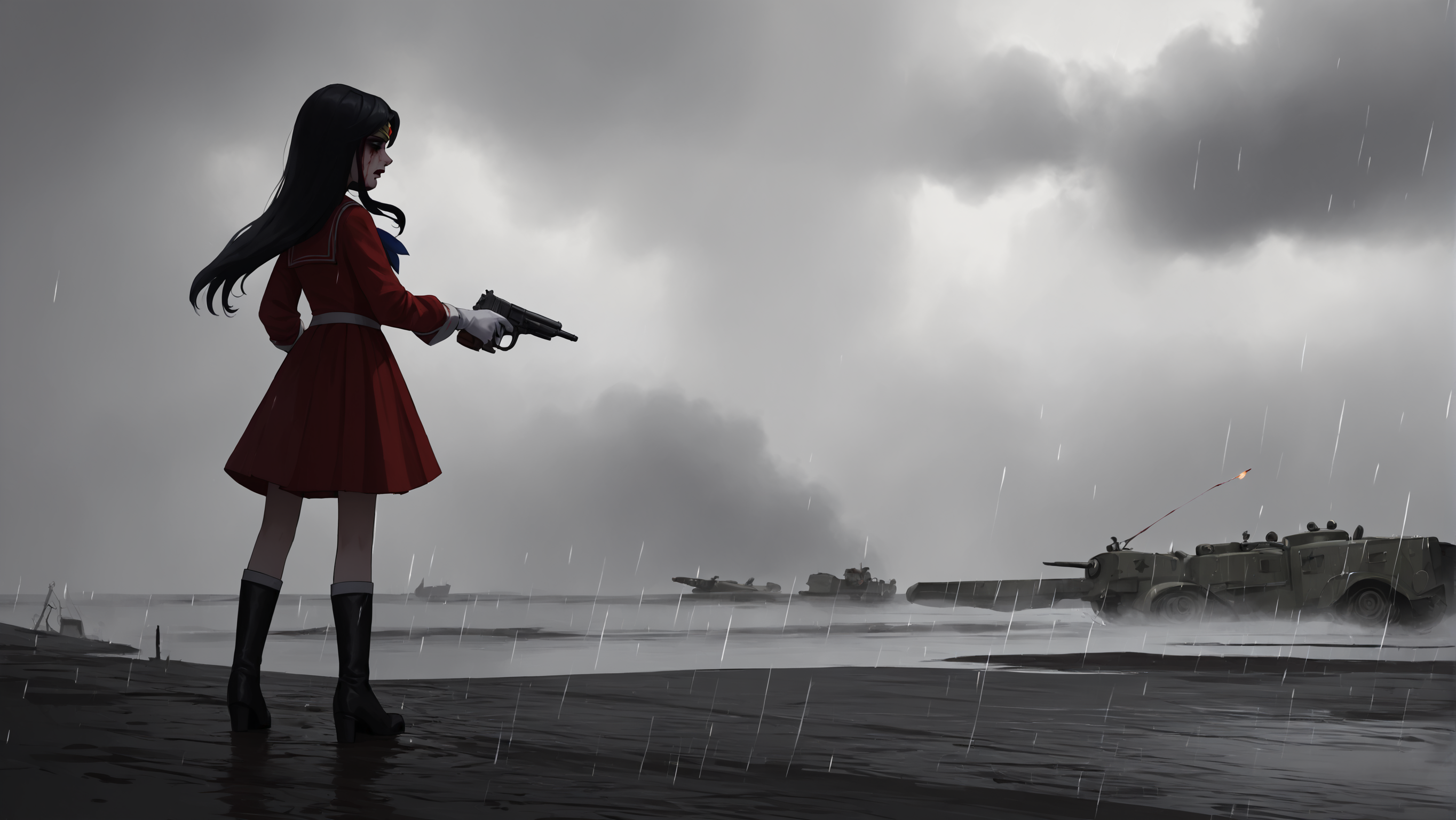 score_9, score_8_up, score_7_up, score_6_up, score_5_up, score_4_up, rating_safe
BREAK
sailor mars, circlet, black hair, black eyes, looking away, tired, half-closed eyes, bags under eyes, sigh, open mouth, looking down, blood on face, blood splatter,
BREAK
solo, long hair, magical girl, red serafuku, from side, holding gun, handgun,
BREAK
behind cover, wide shot, firing, war, dark, rain, cloudy sky, world war ii, scenery, ruins, explosions, <lora:Lunas-AsteroidIll-SDXL-A1:1>