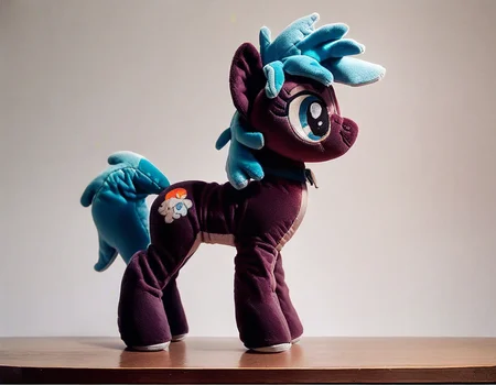 score_9, score_8_up, score_7_up, score_6_up, score_5_up, score_4_up, score_9, a photo of feral pony plushie standing on a real table