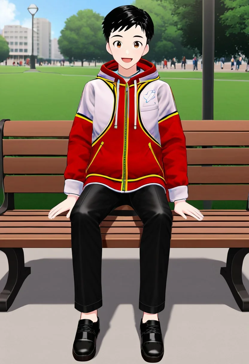 harmard, black hair, short hair, brown eyes, 1boy, (solo:1.20), solo focus, red_white_jacket, black pants, at park, happy expression, sit on bench, holding a robot toy, black shoes