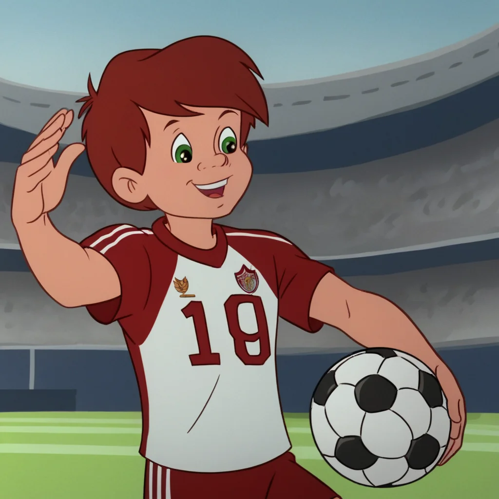 score_9_up, score_8_up, BREAK, JasonCBM, solo, (red Canadian soccer jersey), brown hair, human, green eyes, accurate, 1boy, male focus, male child, soccer stadium background, holding soccer ball, <lora:Jason_The_Care_Bears_Movie:1>