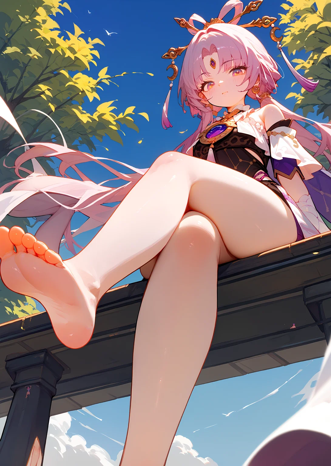 (score_9, score_8_up, score_7_up), 1girl, fuxuan, crossed legs, barefoot, from below, <lora:fuxuan-strPO-v1b:0.8>