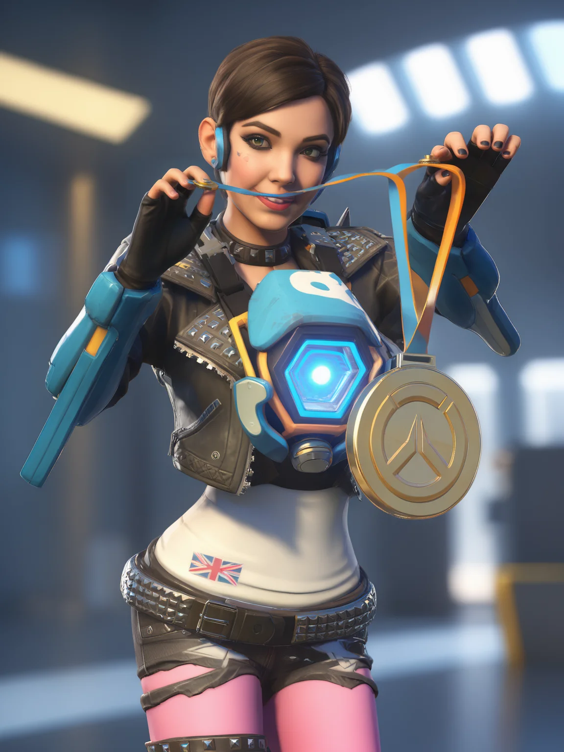 photorealistic a girl dressed as tracer person, holds medal, futuristic lab in the background<lora:overwatch-000007:0.9>, highly detailed, accurate, realistic