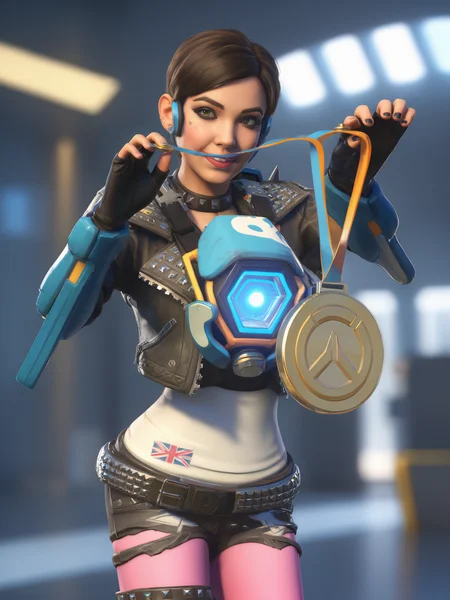 photorealistic a girl dressed as tracer person, holds medal, futuristic lab in the background<lora:overwatch-000007:0.9>, highly detailed, accurate, realistic