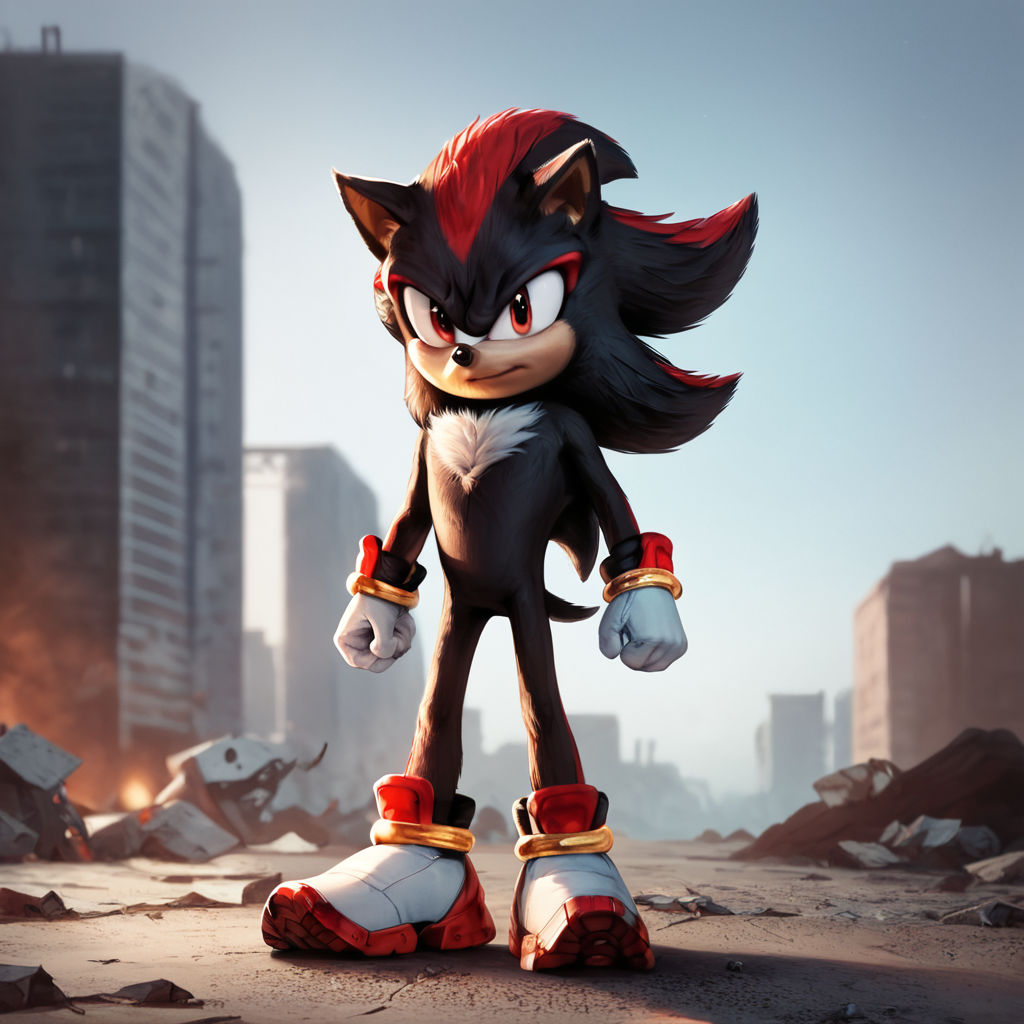 score_9_up, score_8_up, BREAK, ShadowtheEdgehog, 1boy, solo, furry, black fur, red hair, animal ears, red eyes, white gloves, white shoes, full body, depth of field, arms at sides,  <lora:ShadowTheEdgehog_Movie3_PXL_Leaf1:1>, realistic, looking at viewer,  debris, blurry background,