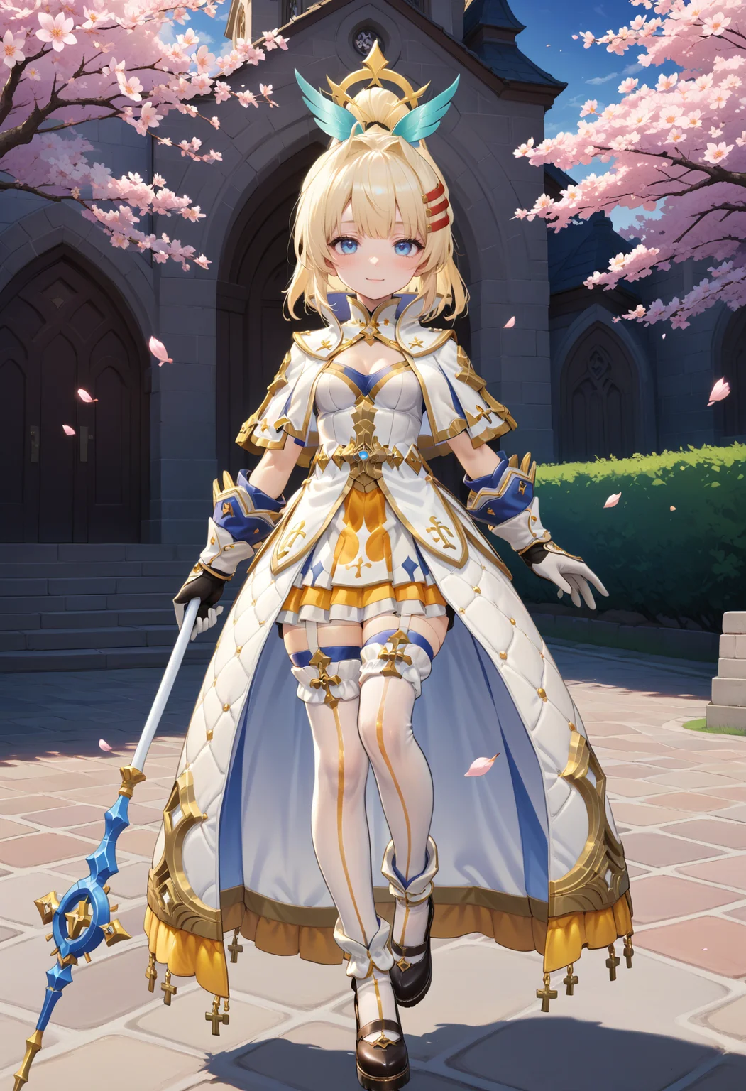 masterpiece, best quality, very aesthetic, absurdres, rom_saint_xl,
1girl, blonde hair, ponytail, hair ornament, blue eyes, light smile,
standing, full body, looking at viewer, one hand holding staff, outdoors, church, cherry blossoms, sunrise, falling petals, light rays, tyndall effect, vivid colors, tranquil and magical atmosphere,
shiny skin, beautiful face, beautiful eyes, extreme detailed, official art, professional illustration, hires,
<lora:rom_saint_pony_xl:1>, <lora:aesthetic_anime_v1s:0.5>, <lora:add_details_xl:0.5>