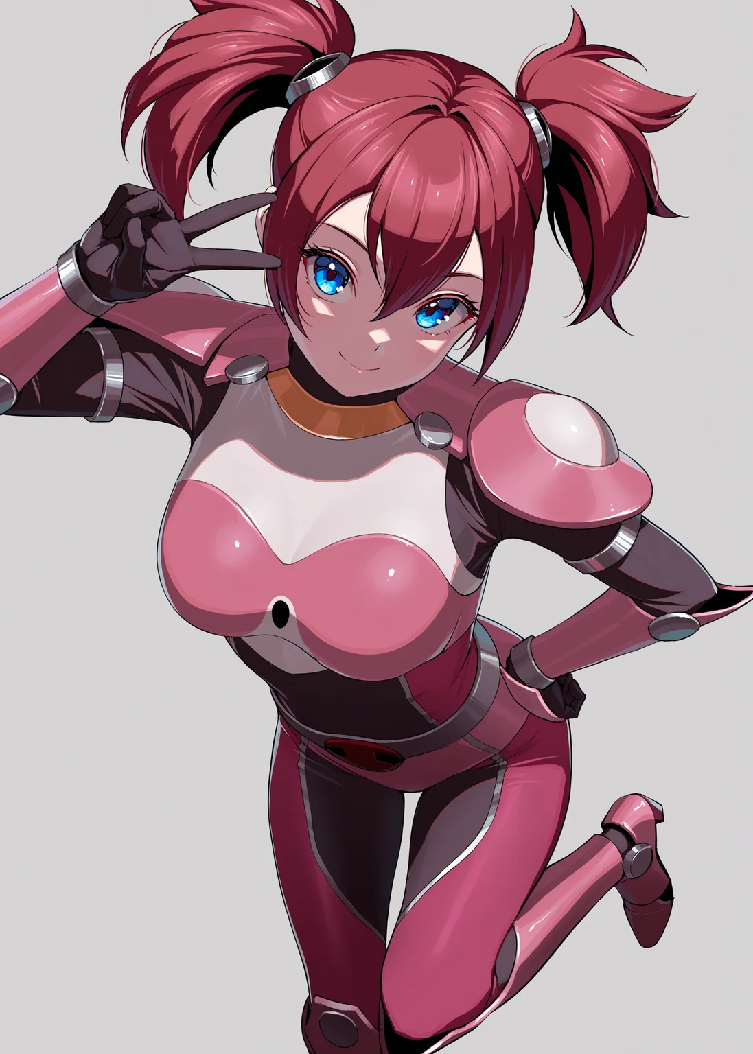 masterpiece, best quality, good quality, very aesthetic, absurdres, newest, 8K, anime screencap, detailed background, <lora:spo_sdxl_10ep_4k-data_lora_webui:1>, embedding:IllusP0s, embedding:Smooth Quality, white background, simple background,
<lora:Tentorina_IL:1>, tentorina, 1girl, solo, robot, mecha, armor, no helmet, cute human girl face, red twintails, short hair, shoulder pads, breasts, blue eyes, tokusatsu, <lora:handPatchUnet:1>, detailed_hands, elegant_fingers, (cute:1.2), (sexy:1.2), Enchanting Eyes, balanced figure, looking at viewer, standing on one leg, one leg up, v, hand on own hip