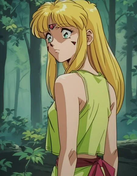 score_9,  score_8_up, score_7_up, source_anime, <lora:karisu-ponyxl:0.9> karisu, facial mark, forehead jewel, tank top,
1girl, solo, cowboy shot, worried, looking to the side, forest