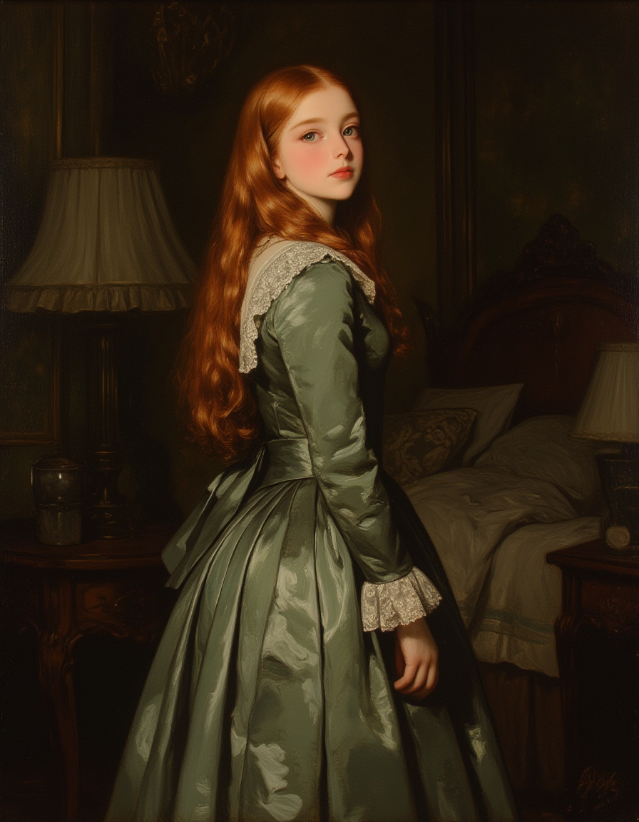oil painting of style of a graceful 12 year old girl wearing a silk Victorian dress that is corseted, hooped, and bustled.  She has red hair, green eyes, and very pale white skin. She is standing in the bedroom of Victorian house. She is graceful, poised, and sure of herself. Her delicate face has a soft yet confident expression with a slight smile, her eyes focused and alluring. She looks like a fashion model. Masterful painting, oil on canvas, Focus on the girl, shadow and light, Masterpiece, intricate lines, intriguing atmosphere, sharp magnificent details, delicate features, elaborate details, (2\3 rule composition:0.5), ultra detailed, romantic, Rembrandt lighting, brush stroke, lovely, del1cate_balance style, FS, in the style of Rembrandt. vantablack <lora:style_of_Rembrandt_FLUX_135:.8> <lora:- Flux1 - vanta_black_V2.0:.4> <lora:Former_Splendor:.4> <lora:Delicate_Balance:.3> <lora:neeeg_f1:-1> <lora:Midjourney_Whisper_Minimal:.3> <lora:MoriiMee_Gothic_Niji_Style__FLUX_LoRA_Test_2:.95>