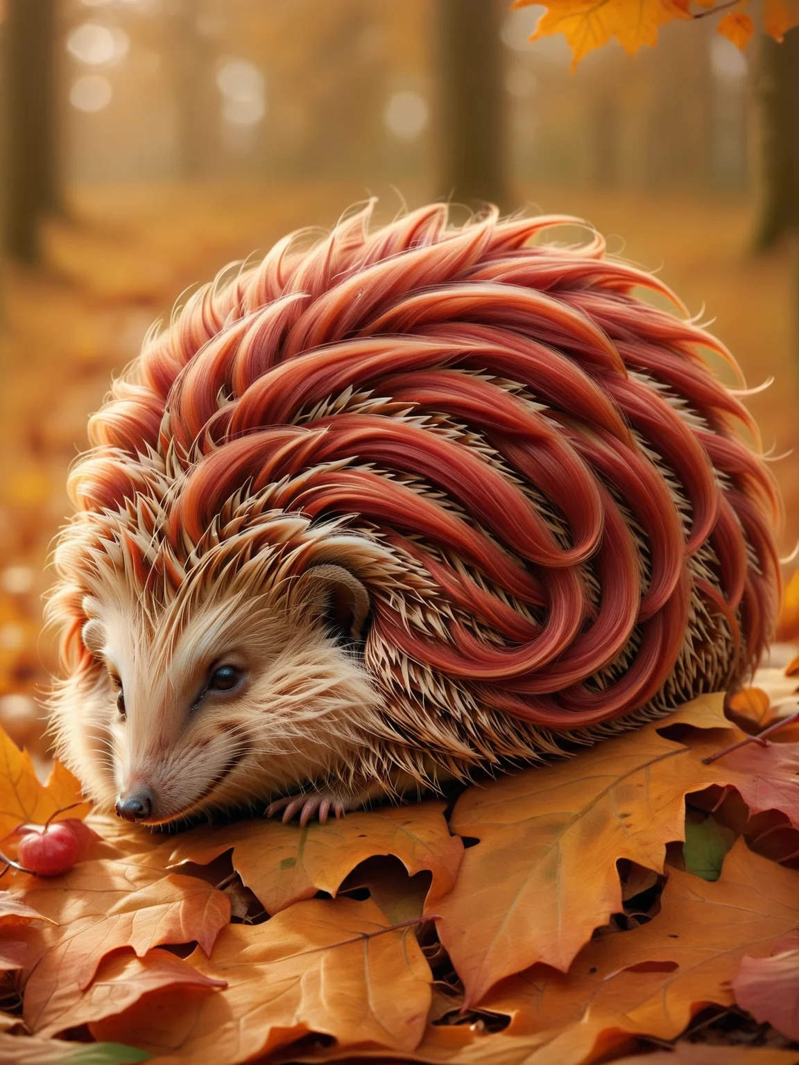 Tiny, playful red-headed ais-hairz hedgehog curled up amongst autumn leaves <lora:Hairy_Style_SDXL:1>