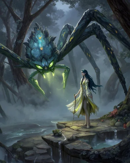 <lora:ck-LttleGhost-000011.safetensors:1> in the style of ck-lttlegh0st
In the dream, the forest is a swirling tapestry of mist and shadow, where reality and imagination blur into a surreal landscape. The ledge upon which the elf stands is no longer a simple outcropping of stone but a shimmering, translucent platform that seems to float in mid-air, bathed in a pale, ethereal glow. The elf, now a tall, slender figure with long, flowing hair the color of moonlit seas, is dressed in a robe of shimmering silver and green, the fabric appearing to be woven from the very mist that surrounds them. Their eyes, a deep, reflective blue, shine with an inner light, and they hold a staff adorned with glowing, crystalline formations that pulse gently in rhythm with the forest's heartbeat.
The giant spider, a bizarre and fantastical creature, towers above, its legs no longer mere appendages but twisted, gnarled branches that seem to grow from the very forest itself. Its body is a shifting mass of deep, iridescent colors, blending hues of midnight blue, emerald green, and molten gold. The spider's eyes, large and multifaceted, gleam with an otherworldly intelligence, and its presence is both menacing and strangely hypnotic.
In this dream, the forest itself comes alive, with trees that sway and dance, their leaves emitting a soft, chiming sound. The mist, no longer just a passive backdrop, swirls and twists, forming shapes that seem to tell ancient, forgotten stories. The boundary between the elf and the forest, the spider and the mist, becomes indistinct, as if they are all part of a single, interconnected whole. The air is filled with the scent of blooming flowers and the distant, haunting melody of a flute, played by an unseen musician, adding to the dream-like atmosphere. In this place, time and space lose their meaning, and the world becomes a place of infinite possibility and wonder.