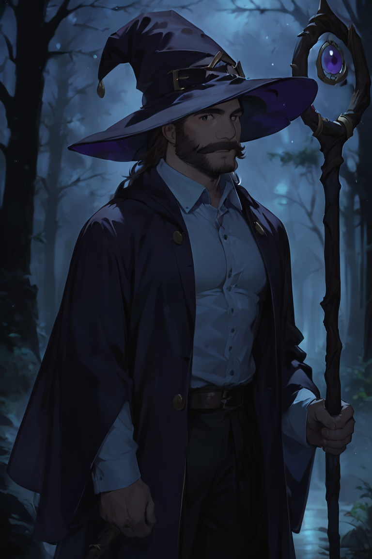 score_9, score_8_up, score_7_up, rating_safe, dark theme, low light, 1boy, solo, male focus, mature male, wizard, long hair, brown hair, black eyes, looking at viewer, hat, facial hair, beard, mustache, staff, wizard hat, purple hat, shirt, collared shirt, robe, purple robe, cloak, holding, holding staff, upper body, standing, outdoors, forest, nature, tree, fog, dark background <lora:Anime Summer Night Style SDXL_LoRA_Pony Diffusion V6 XL:1>