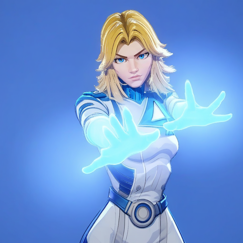 Sue_Storm_(character), FF_uniform, female, blonde, Open hands, glowing hands, dramatic pose, looking at viewer, blue background, solo