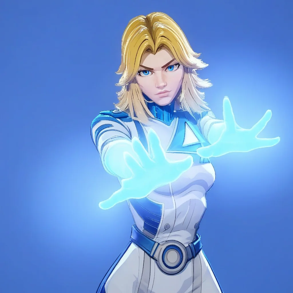 Sue_Storm_(character), FF_uniform, female, blonde, Open hands, glowing hands, dramatic pose, looking at viewer, blue background, solo