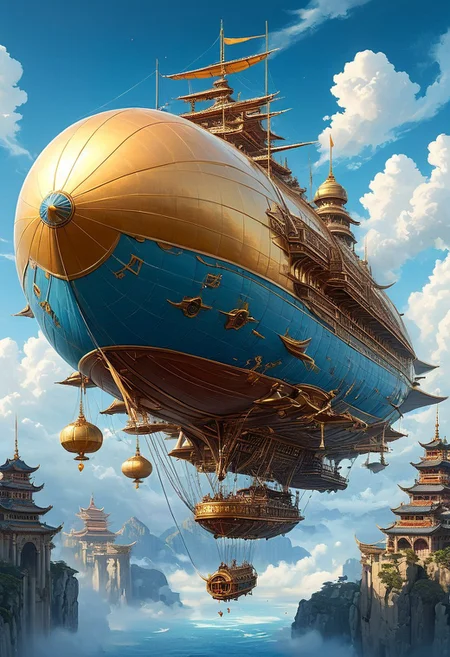 Artwork, cyberpunk, anime,This is a huge and fantastical flying ship designed in the traditional Chinese architectural style. The airship is adorned with intricate cascading roofs, curved eaves and ornate details, resembling a grand palace. The elongated structure of the airship resembles a gigantic ship with multiple decks and floors, seamlessly blending traditional wooden elements with intricate carvings and decorative features. The airship floats majestically in a sea of haze and shimmering clouds, with sunlight pouring through the mist, creating an ethereal atmosphere. Surrounding the airship are towering rock formations that evoke a sense of transcendent grandeur. The overall color palette consists of golden hues from the sunlight and soft blues from the sky and clouds, enhancing the mystical and dreamlike feel of the scene. The intricate details and massive scale of the airship suggest a blend of fantasy and cultural tradition.