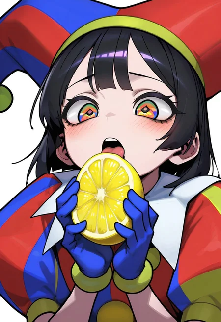 CuteToon_ST, masterpiece, best quality, very aesthetic, high resolution, ultra-detailed, absurdres, newest, detailed eyes, beautiful, perfect lighting, hi res, amazing quality, very awa, painting_(artwork), dynamic lighting, dynamic angle, dynamic pose, cinematic, gorgeous, 1girl, black hair, blush, food, fruit, hat, holding, holding food, holding fruit, jester, jester cap, jester costume, lemon, lemon slice, licking, medium hair, meme, multicolored clothes, multicolored eyes, simple background, thour (meme), tongue, tongue out, two-tone eyes, white background,