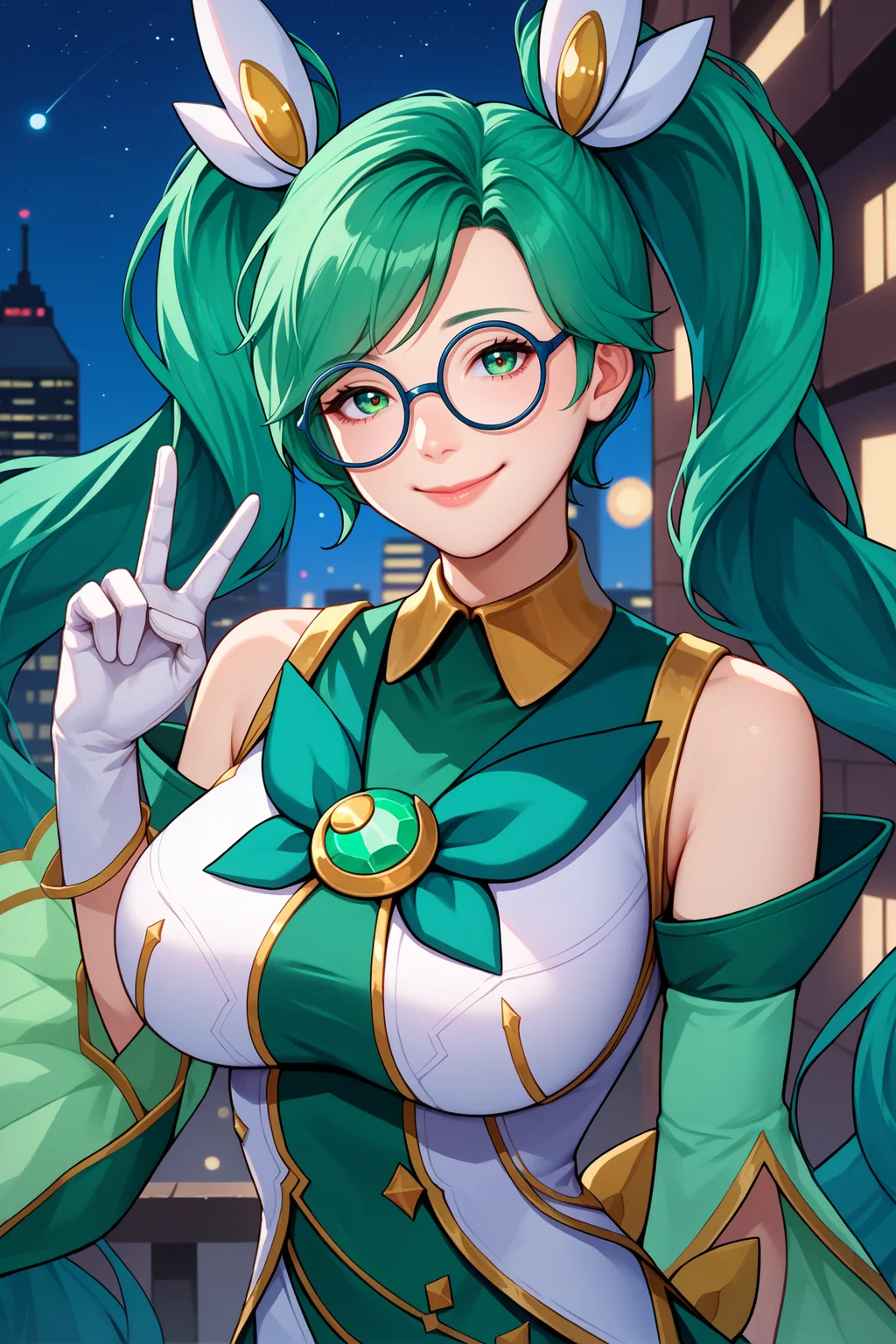 score_9, score_8_up, score_7_up, score_6_up, source_anime, 1girl, solo, <lora:starguardiansona-pdxl-nvwls-v1-000005:1> stgdsna, twintails, green hair, very long hair, green eyes, hair ornament, glasses, magical girl, white and green shirt, bare shoulders, detached sleeves, white gloves, green skirt, large breasts, upper body, portrait, night sky, city, looking at you, smile, happy, peace sign, closed mouth