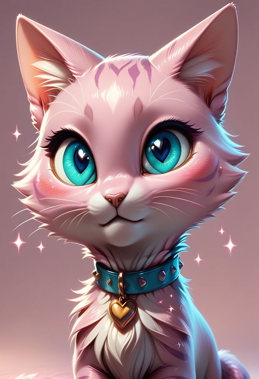 score_9, score_8_up, score_8, 
cat, solo, looking at viewer, blush, blue eyes, simple background, heart,  collar, gradient, gradient background, no humans, sparkle, animal, pink background, animal focus,