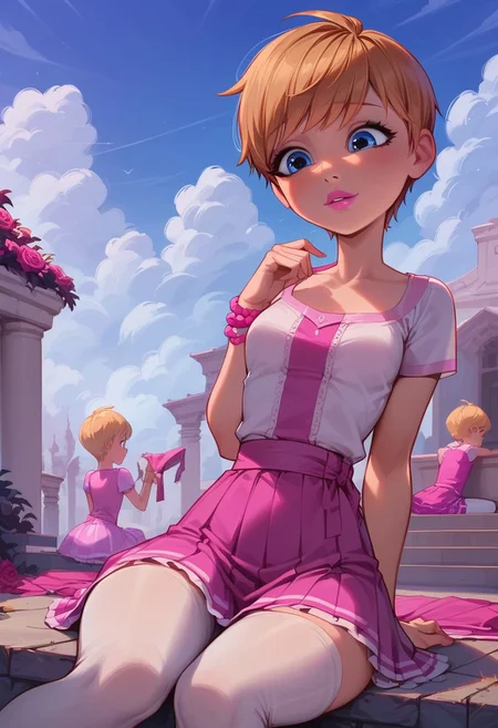 (score_9, score_8_up, score_7_up, score_6_up, score_5_up, score_4_up), easynegative, Expressiveh, source_cartoon, dark lighting, (high quality), (high resolution), 4k, beautiful, closed-up, (Rose Lavillant, blonde hair, short hair, pixie cut, bangs, bangs that slightly cover her eyes, blue eyes, eyeliner, pink lipstick, crotch-length light magenta dress with light pink sleeves and the front of the top, pink and vivid magenta stripes on the front, dark magenta wearable band tied around her waist, , pink mini skirt with two white edges at the bottom of the cloth, white leggings, two pink bracelets around her right wrist), slim waist, small breaths, wide hips, BREAK, background, School yard