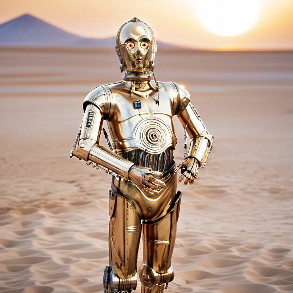 cinematic photo, C3PO1024, full body, a robot in the desert, sunset, highly detailed ,ultra sharp, photograph, film, bokeh, professional, 4k, highly detailed <lora:add-detail-xl:1.5> <lora:C3PO1024:0.8>