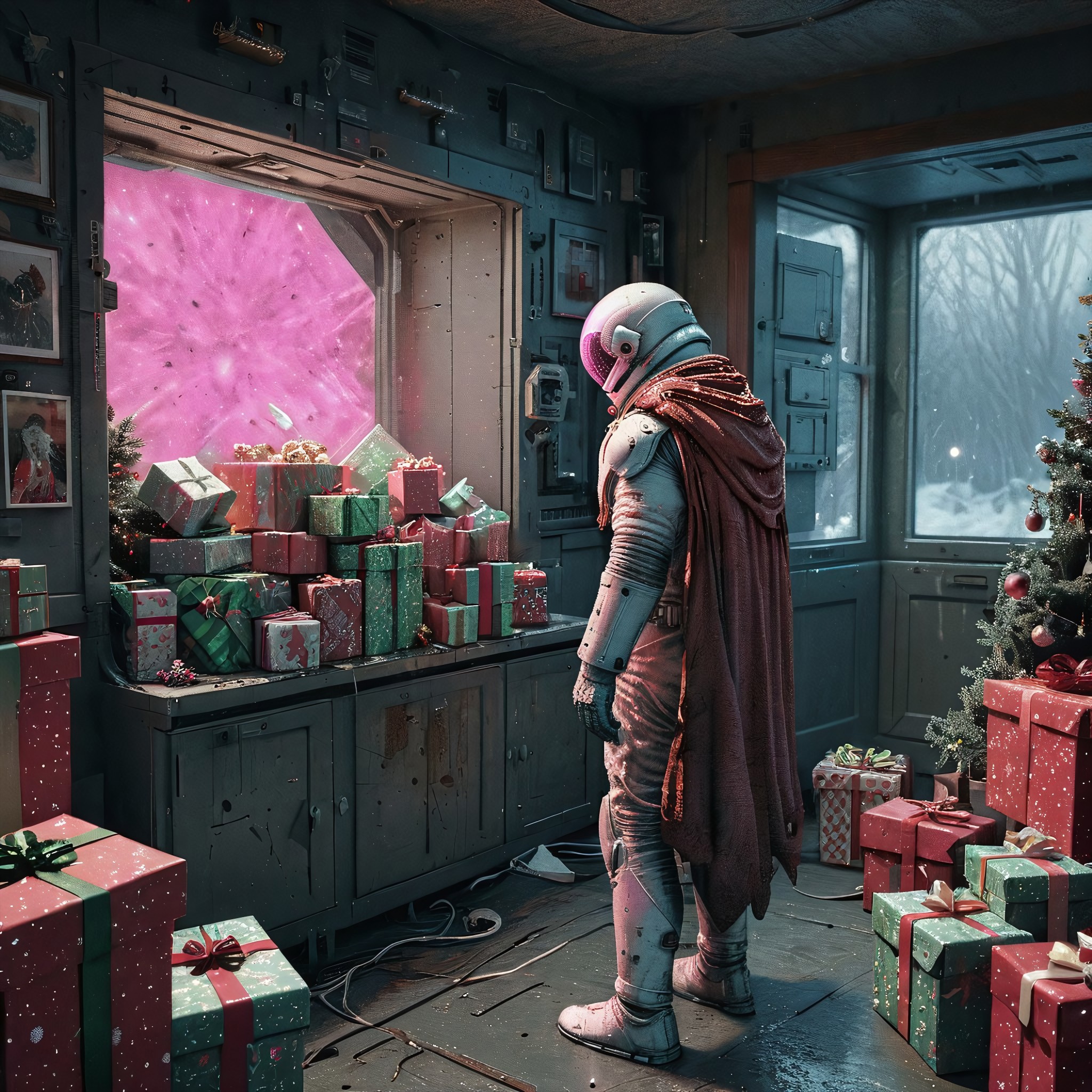 Engulfed by space, a cloaked astronaut stands in the gloom surrounded by Christmas gifts intricate detail, 16k, digital art, space, cinematic lighting, vivid, professional 3d model analog film photo, a portrait of an old space man, faded film, desaturated, very grainy, bitmap effect, stained, highly detailed, found footage, octane render, dramatic pink lighting