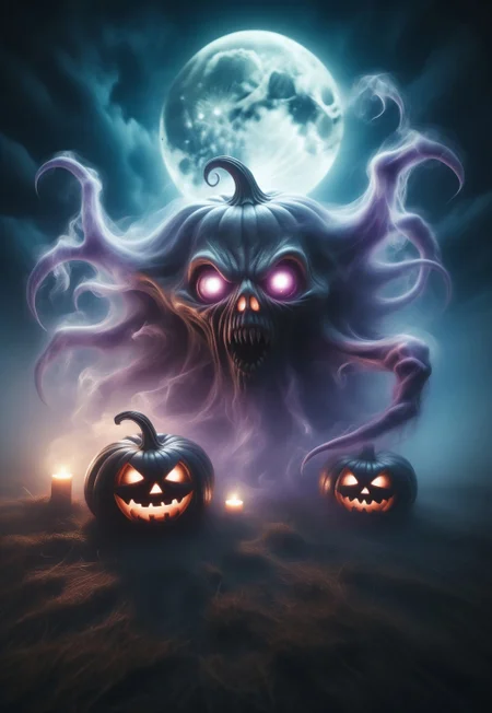 GhostlyStyle halloween scene in a creepy, dusk, nighttime village, under a full moon. The surroundings are adorned with elaborate jack o’ lanterns, casting a dim, eerie glow. A large (((eldritch horror monster))) with a (((screaming glowing purple jack o’lantern head))), having (((multiple tentacles and sharp claws arms))), is in hot pursuit of the children, who are dressed in (((spooky Halloween costumes))) and are running in a panic, with several other (((creepy glowing eyed monsters))) lurking in the background, all in a (hyperrealistic dynamic posture), reflecting a (cinematic, high-quality aesthetic) that blends seamlessly with the (hyperrealistic, detailed background) evoking a (Tim Burton-inspired atmosphere) complete with (perfectly drawn faces) with the children's expressions of fear and excitement (((8K, Ultra High Definition, Intricate details)))masterpiece, best quality