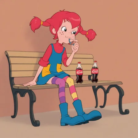 Pippi, 1girl, redhead, high pigtails with rubber bands, freckled face, short blue dress, yellow pocket on the dress, red t-shirt, long stockings of different colors and patterns, one stocking with yellow and pink stripes, another purple stocking with a yellow patch on the knee, big blue boots
Pippi sitting on a bench while drinking Coca-Cola