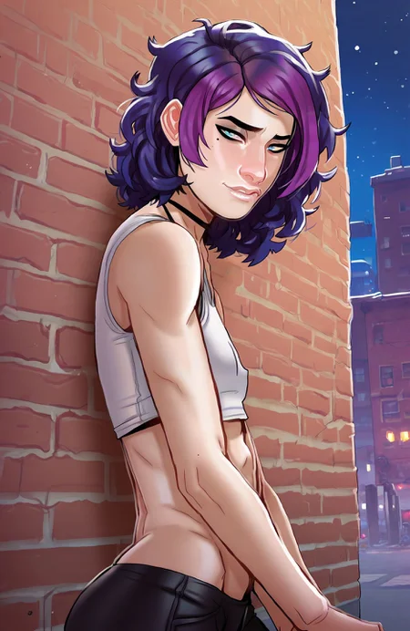 <lora:andava_style4-32:0.8> pelo (andava), 1girl, purple hair, medium hair, small breasts, mole, multicolored hair, blue eyes, city, outdoors, night, brick wall, leaning against wall, looking at viewer,, score_9, score_8_up, score_7_up, score_6_up, score_5_up, score_4_up, ponypositive,