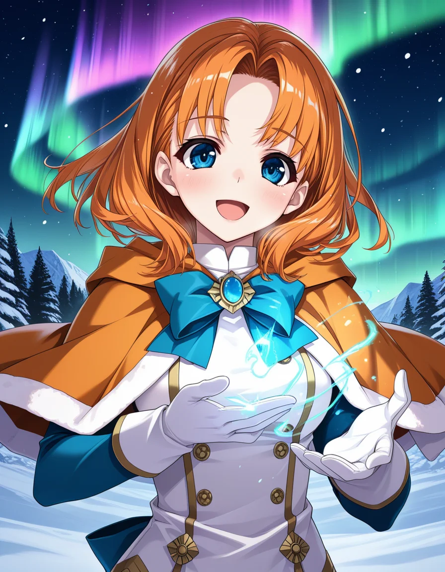 (shintarou), <lora:1_illu_shintarou_14ev2:1>, 1girl, annette_fantine_dominic (post timeskip), fire emblem, orange hair, blue eyes, medium hair, parted bangs, orange capelet, brooch, blue bow, white gloves, long gloves, white dress, blue sleeves, smile, open mouth, magic, fjord, snow, aurora, (masterpiece, best quality, amazing quality),