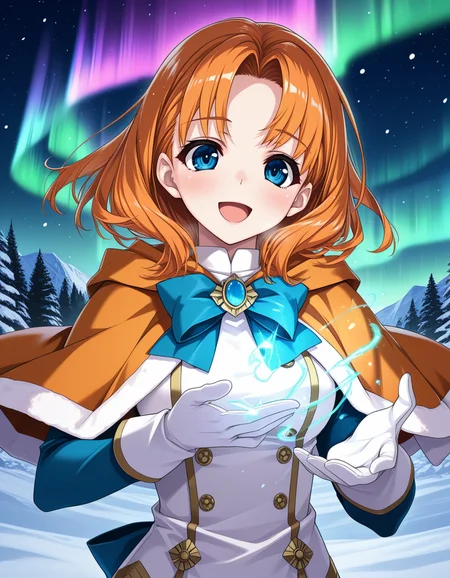 (shintarou), <lora:1_illu_shintarou_14ev2:1>, 1girl, annette_fantine_dominic (post timeskip), fire emblem, orange hair, blue eyes, medium hair, parted bangs, orange capelet, brooch, blue bow, white gloves, long gloves, white dress, blue sleeves, smile, open mouth, magic, fjord, snow, aurora, (masterpiece, best quality, amazing quality),