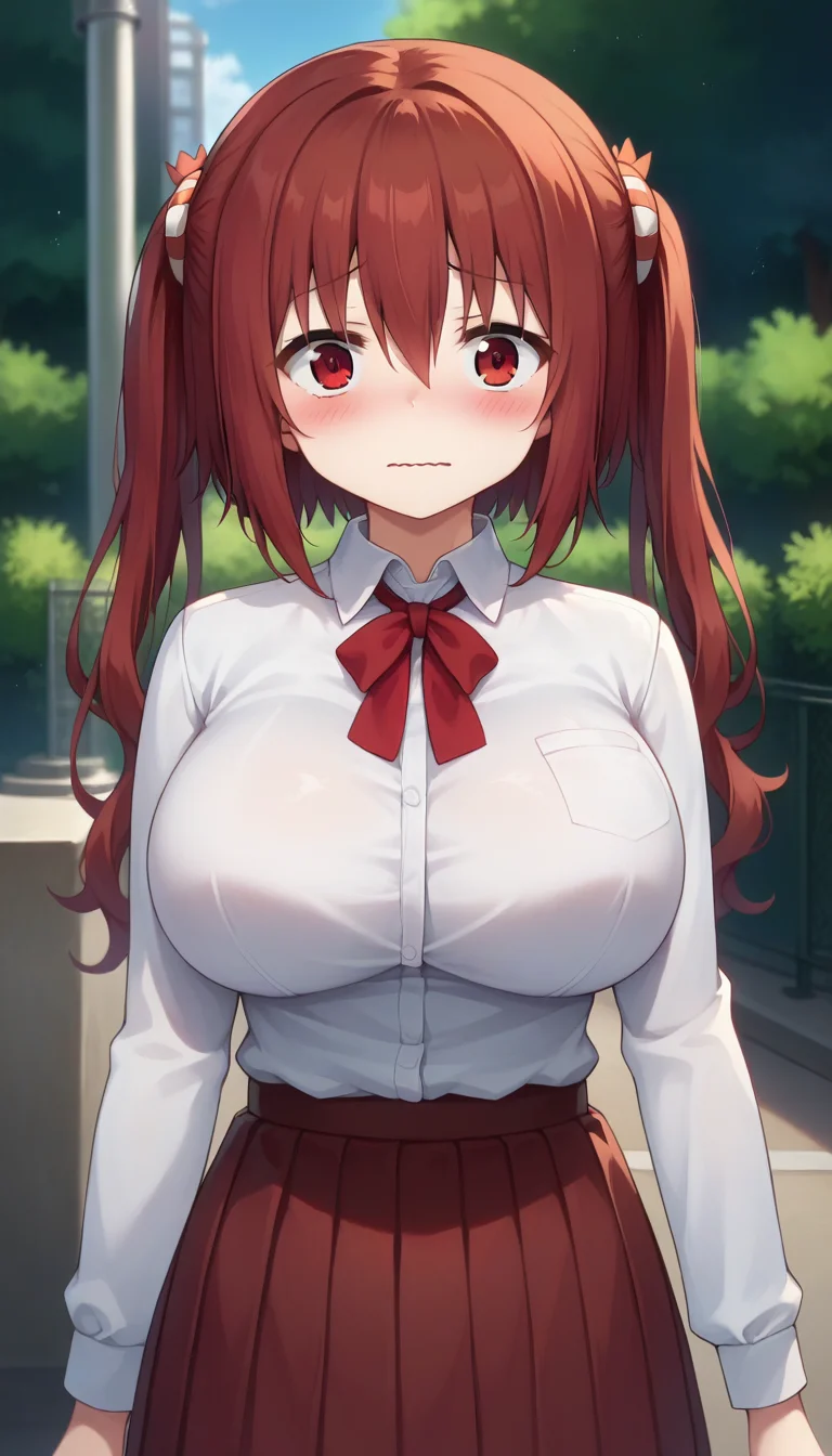 score_9,score_8_up,masterpiece,best quality,correct anatomy,anime_source,1girl,solo,perfect eyes,perfect arms,perfect legs,perfect face,outdoors,upper body,(portrait:1.5),looking at viewer,facing viewer,nervous,blush,Ebina Nana,long hair,red hair,twintails,hair ribbon,hair between eyes,bangs,red eyes,wavy mouth,:3,school uniform,white shirt,collared shirt,dress shirt,red bowtie,neck ribbon,red ribbon,long sleeves,large breasts,shirt tucked in,miniskirt,red skirt,pleated skirt,thighs,white socks,loafers,brown footwear,<lora:Ebina Nana(huc)-Pony:1.8>,