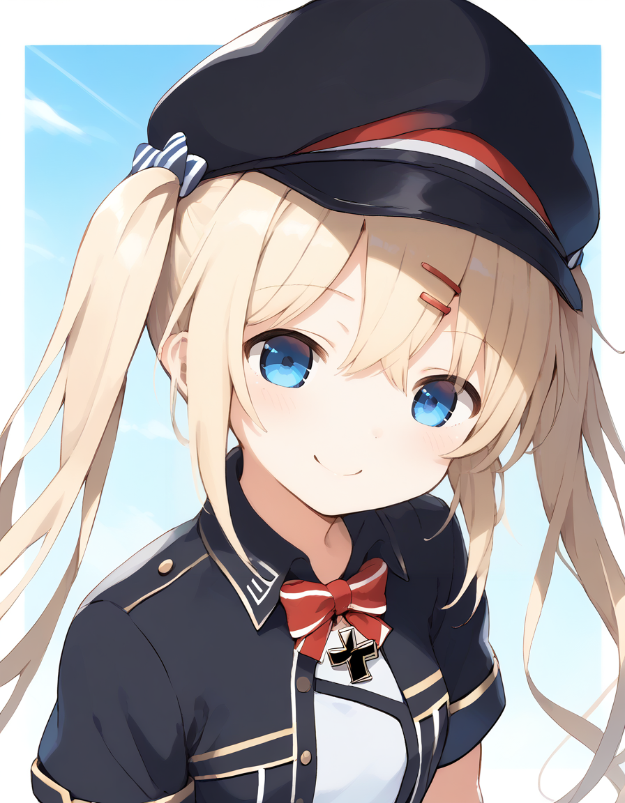 <lora:AzlaZ1819_SDXL_pony_fp16_ver02:1>,AzlaZ18,hair ornament,hairclip,hat,thighhighs,blonde hair, long hair, blue eyes, bangs,twintails,short sleeves jacket,fingerless gloves,bowtie,training bra,iron cross,fidgeting,smile,portrait, score_9, score_8_up, score_7_up, BREAK source_anime, rating_questionable, best quality, masterpiece, uncensored,<lora:pony_good_hands:1>,good_hands ,[pony diffusion V6 is trained by PurpleSmartAI:100]