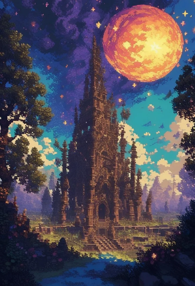 score_9, score_8_up, score_7_up, enchanting pixel art landscape, (ethereal:1.3) colors, (dreamy:1.2) atmosphere, whimsical trees, floating islands, sparkling stars, soft glow, by (Yoshitaka Amano:1.4), intricate details, vibrant palette, serene mood. d3p1x3l, pixel art,