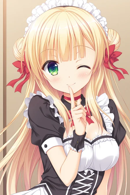 masterpiece, best quality, high quality, detailed, absurdres,newest, scenery, 1girl, solo, official style,best perspective,depth of field, very_aesthetic, best_quality ,high_resolusion, (8K:1.5),,crisp quality, ultra detailed,perfect anatomy,perfect lighting,anime screencap, perfect eyes,detailed eyes,<lora:Sylvia_Final_IL:1>,1girl,Sylvia,blonde hair,long hair,green eyes, bangs, maid sylvia,hair_bun, double_bun, odango_hair,maid_headdress, hair_ribbon,
twin_hair_ribbon, red_hair_ribbon, bow_hair_ribbon,, dress, black_dress, apron, white_apron, frilled_apron, puffed_sleeves, short_sleeves, choker, red_ribbon_choker, wrist_cuffs,
1girl,hand up,, ;),one eye closed, closed mouth, index finger raised, finger to mouth,smile,shushing,upper body,simple background,