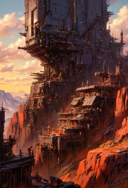 in the style of ck-sfc, an amoured mega-fortress, with obsidian black gleaming walls, towers and gun emplacements, standing guard over a mountain pass, sihoetted at sunset, directional lighting, red, orange and black colour scheme