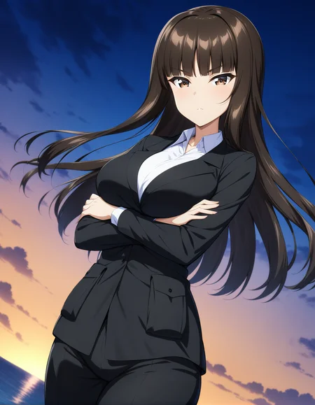 <lora:shihoNishizumi_XL-animagine_LoRA-C3Lier_16-16-8-8_AdamW_Un3e-4_Te1.5e-4_10batch:1>, nishizumi shiho, 1girl, mature female, blunt bangs, long hair, brown hair, straight hair, brown eyes, large breasts, black jacket, long sleeves, wing collar, white shirt, pant suit, black pants, formal, standing, expressionless, looking at viewer, facing viewer, crossed arms, cowboy shot, crossed arms, closed mouth, looking at viewer, dutch angle, wind, floating hair, sunset, gradient sky, night sky, horizon, cloud, masterpiece, best quality, very aesthetic, absurdres