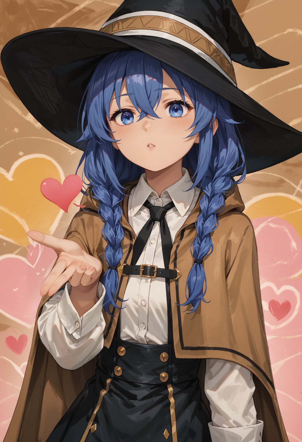 score_9,score_8_up,score_7_up,high quality,highres,masterpiece,abstract background,(((hearts))),heart,multicolored background,colorful,<lora:frieren_blowing_a_kiss_pony>,blowing kiss,heart,<lora:PONYXL_MushokuTensei_RoxyMigurdia_ownwaifu:0.8>,MainOutfit_RoxyMigurdia_ownwaifu,1girl,blue eyes,blue hair,mage staff,roxy migurdia,wizard hat,long hair,witch hat,hair between eyes,black headwear,braid,brown cape,crossed bangs,twin braids,bangs,long sleeves,white shirt,collared shirt,dress,capelet,shirt,cloak,black skirt,brown capelet,<lora:Expressive_H:0.8>,ExpressiveH,<lora:add-detail-xl:2>,âââ,âââ