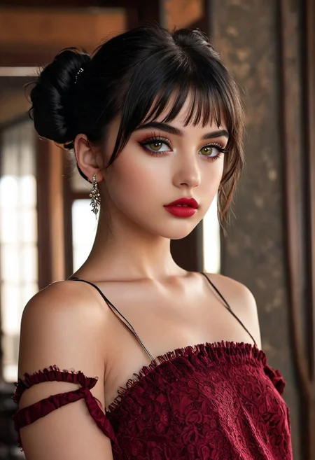 20 year old Turkish girl, pose 1:1, standing, stand up, full body view, brown eyes, pale skin, puffy lips, makeup, eye contact, hairclip, light black hair, very short hair, hair up, double bun, hair flaps, asymmetrical bangs, long bangs, x hair ornament, dark red lips, red eyeshadow, mascara, eyeliner, stud earrings, piercing, blush, flat chest, epic action, Unreal Engine, cinematic award winning artwork, many details, extreme detailed, full of details,Wide range of colors., dramatic, Dynamic,Cinematic,Sharp details, Insane quality. Insane resolution. Insane details. Masterpiece. 32k resolution. casting shadow style, cucoloris patterned illumination, <lora:add-detail-xl:1>