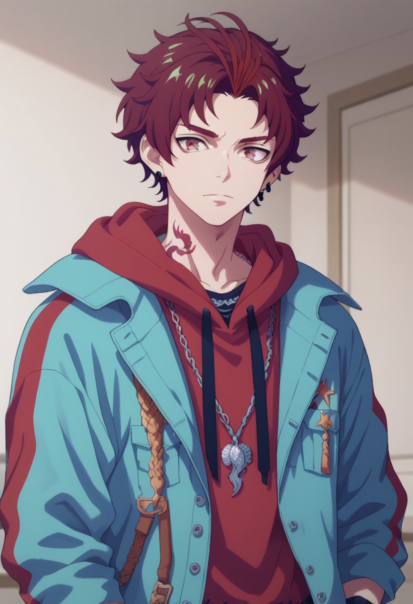 score_9, score_8_up, score_7_up, source_anime, highly detailed, 
allen, 1boy, male focus, solo, jacket shoes, pants, fingerless gloves, hood, jewelry,
contemporary, gloves, hoodie, earrings, red hair, multicolored hair, looking at viewer, red eyes, drawstring,tattoo, neck tattoo, black gloves, blue jacket, short hair, hood down, alternate costume, upper body,
indoor,