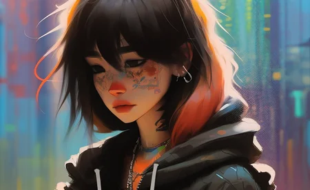 samdoesarts; full shot of a woman wearing a hoodie standing, cargo pants, city street, raining , colourful makeup, long colorful hair with bangs, tattoos, urban by Jeremy Mann, matth�us merian the elder, Pino Daeni, robert rauschenber, by beksinski