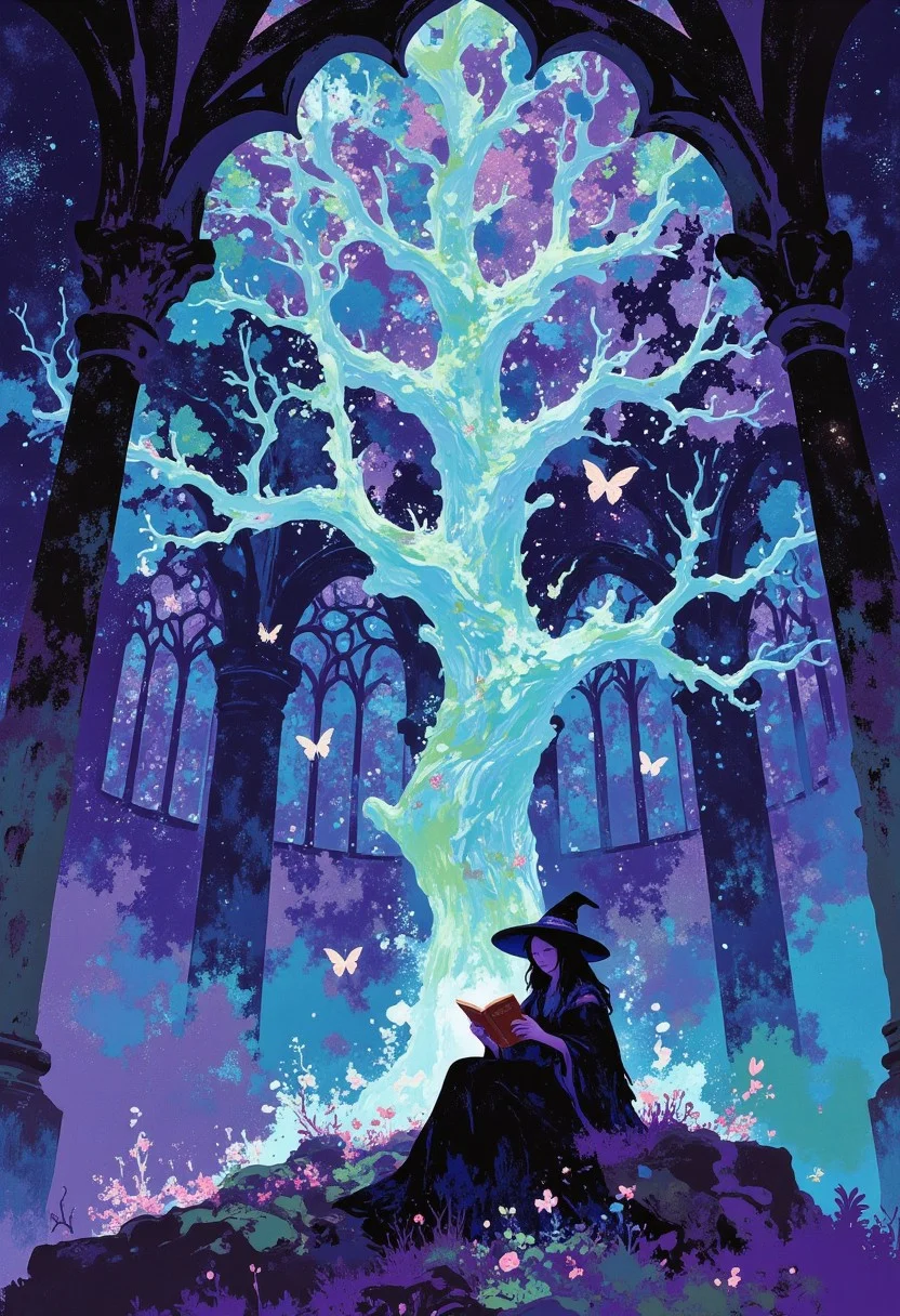 Within the cavernous halls of a once-vibrant fairy palace now shrouded in desolation, a majestic tree with leaves of shimmering crystal rises towards the vaulted ceiling. Its presence illuminates the space with an ethereal glow, a stark contrast to the castle's darkened grandeur. Delicate butterflies flit around the tree's branches, their iridescent wings catching the light. Through the immense windows, the night sky reveals its secrets, constellations twisting and turning like streams of liquid stardust. The tree pulses with a mesmerizing energy, emitting electromagnetic waves that dance in the air. Amidst this enchanting scene, a young witch sits at the base of the tree, her body wrapped in shadow while her face is illuminated by the soft glow of an ancient, leather-bound tome she reads intently. The brim of her pointed hat casts a silhouette against the crystal leaves, creating an evocative portrait of quiet contemplation amidst a world where magic and nature intertwine in hues of vibrancy and melancholy. The fusion of modern impressionism's bold colors and the castle's gothic architecture creates a captivating narrative about the enduring power of magic in a realm touched by darkness. The contrast between the witch's gloomy surroundings and the radiant splendor of the crystal tree serves as a poignant reminder of the eternal struggle between light and shadow within the human soul. As she delves into the secrets of her magical heritage, the stars outside seem to align with her destiny, casting an otherworldly glow upon this intimate moment suspended within time and space. The enhanced prompt captures the essence of a fantasy world where magic dwells alongside despair, creating an imagery rich with symbolism and yearning for renewal.
i11ustmin Illustration