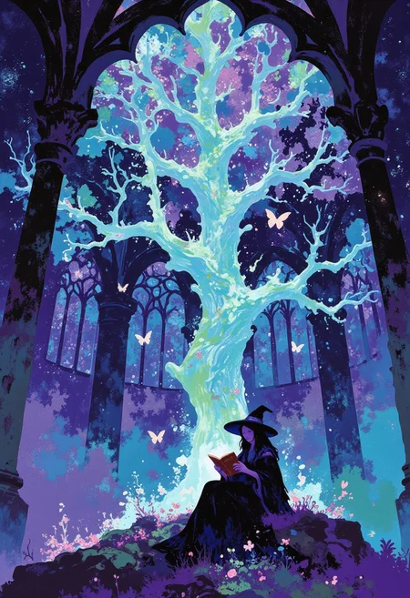 Within the cavernous halls of a once-vibrant fairy palace now shrouded in desolation, a majestic tree with leaves of shimmering crystal rises towards the vaulted ceiling. Its presence illuminates the space with an ethereal glow, a stark contrast to the castle's darkened grandeur. Delicate butterflies flit around the tree's branches, their iridescent wings catching the light. Through the immense windows, the night sky reveals its secrets, constellations twisting and turning like streams of liquid stardust. The tree pulses with a mesmerizing energy, emitting electromagnetic waves that dance in the air. Amidst this enchanting scene, a young witch sits at the base of the tree, her body wrapped in shadow while her face is illuminated by the soft glow of an ancient, leather-bound tome she reads intently. The brim of her pointed hat casts a silhouette against the crystal leaves, creating an evocative portrait of quiet contemplation amidst a world where magic and nature intertwine in hues of vibrancy and melancholy. The fusion of modern impressionism's bold colors and the castle's gothic architecture creates a captivating narrative about the enduring power of magic in a realm touched by darkness. The contrast between the witch's gloomy surroundings and the radiant splendor of the crystal tree serves as a poignant reminder of the eternal struggle between light and shadow within the human soul. As she delves into the secrets of her magical heritage, the stars outside seem to align with her destiny, casting an otherworldly glow upon this intimate moment suspended within time and space. The enhanced prompt captures the essence of a fantasy world where magic dwells alongside despair, creating an imagery rich with symbolism and yearning for renewal.
i11ustmin Illustration