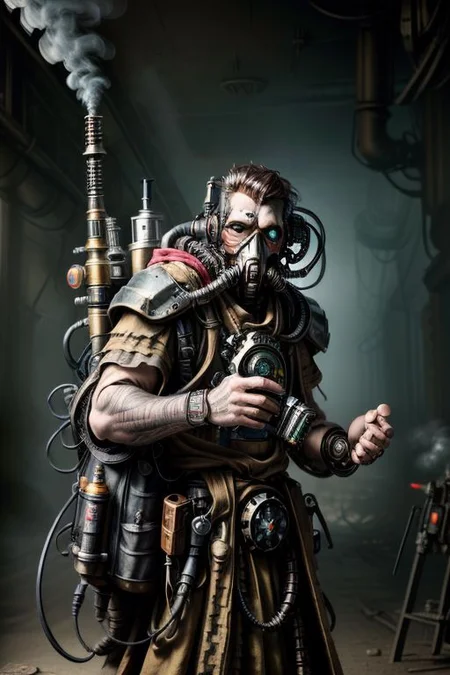 ((masterpiece,best quality)), absurdres, BREAK
mechanical arms, robes, hood, BREAK
((techpriest)), cyborg, mechanical face, mechanical limbs, gas mask, mechanical tentacles, (mechanical backpack), BREAK
1other, solo, holding pistol, firearm, handgun, pistol, gun, BREAK
factory background, smoggy sky, air pollution, smokestacks, BREAK
(postapocalypse)