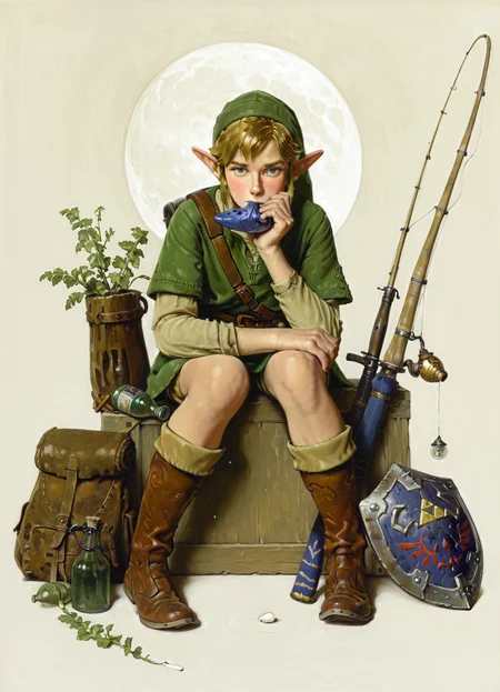 masterpiece, best quality, amazing quality, very aesthetic, absurdres, realistic, photorealistic, norman rockwell, 1boy, link, blonde hair, straight hair, short hair, green hat, green tunic, full body, sitting, sheathed, light particles, simple background, light brown background, simple background, sitting on crate, boots, knees together feet apart, sitting, looking at viewer, hand on own chin, arm on knee, unworn backpack, lantern, bottle, fishing rod, ocarina, herbs, moon circle, hylian shield, exhausted, bedroll, (frown:0.7)