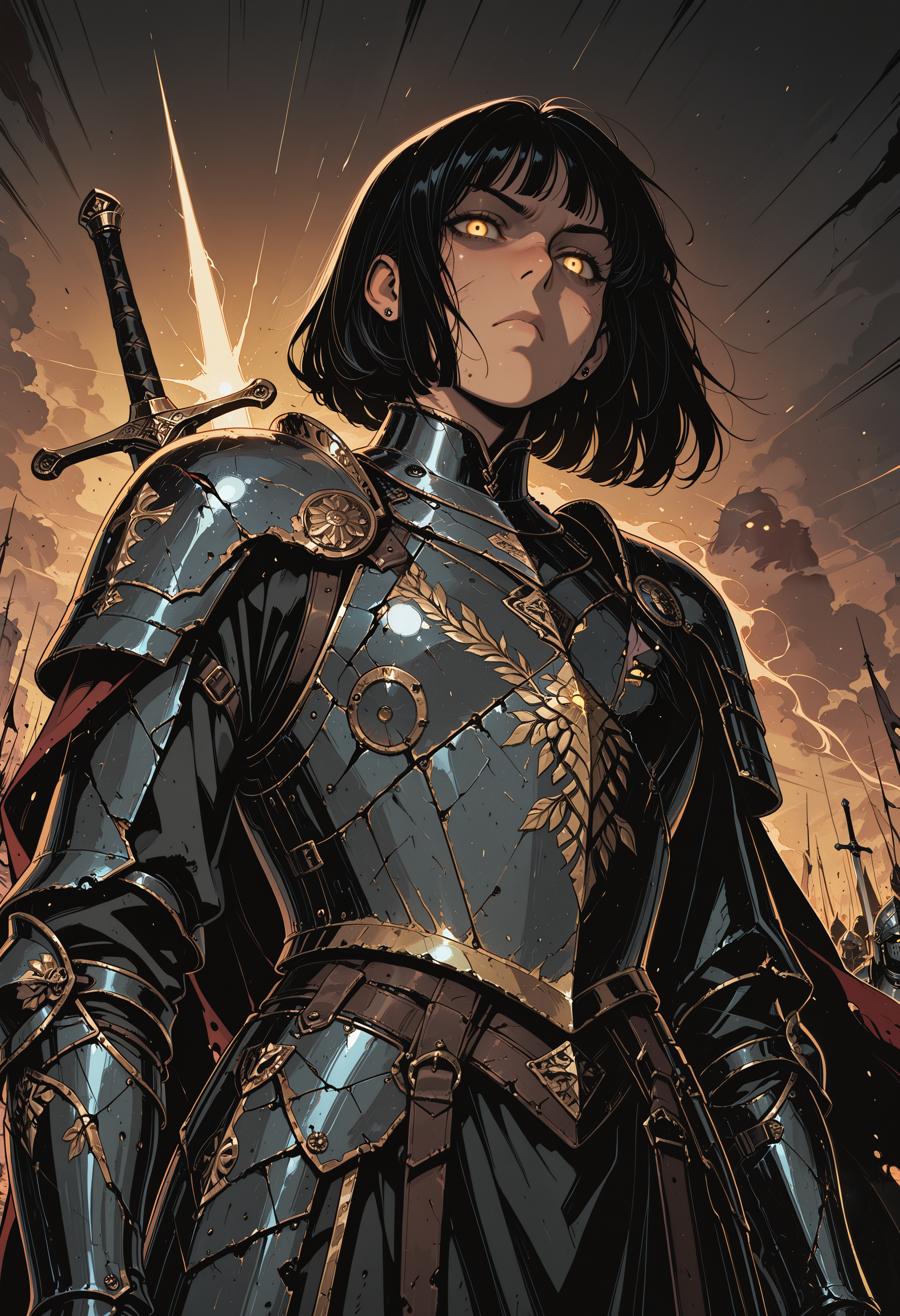 embedding:IllusP0s, codex sss chroma
1girl, solo, dutch_angle, from_below, low_angle, knight, armor, cape, sword_on_back, battlefield, determined, annoyed, angry, serious, piercing_gaze, confident, glowing_eyes, yellow_eyes, bob_cut, black_hair, battle-worn, damaged_armor, scratched, bruises, tattered_cape, wind, flowing_cape, flowing_hair